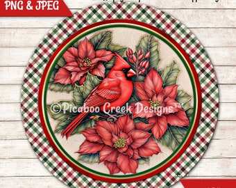 Holiday Cardinal Plaid Sublimation Design -  Christmas poinsettia Wreath Sign - Round Door Hanger - Printable - Download - Commercial Use