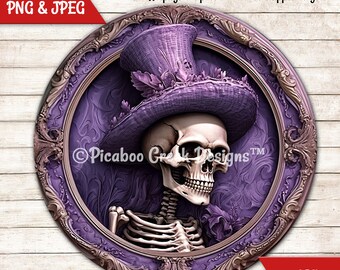 3D Witch Skeleton Halloween Sublimation PNG -  Purple Halloween Wreath Sign - Printable Image Download - Round Sign -  Commercial Used