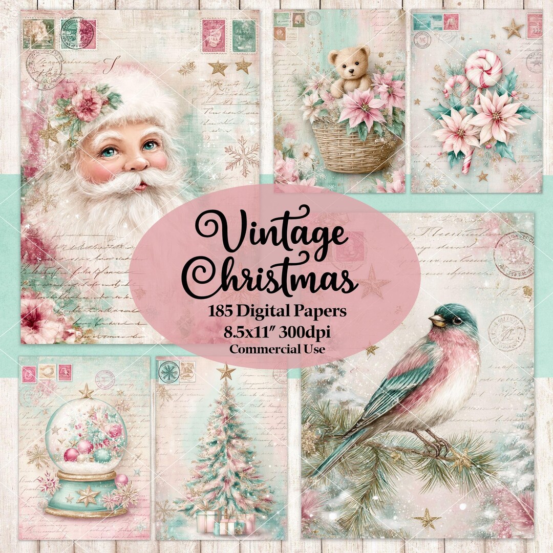 Vintage Pink Christmas Digital Papers - Junk Journal Pages, Card Making ...