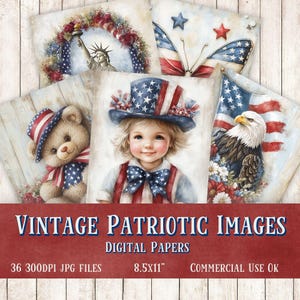 ensemble de papier numérique patriotique vintage, images du 4 juillet pour journaux indésirables, scrapbooking imprimable, fabrication de cartes, impressions d'art, usage commercial,