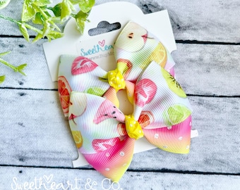 Summer Fruit Handmade Statement Pigtail Hair Bows – Set of 2 Peekaboo Hair Bows – Kids Hair Accessories