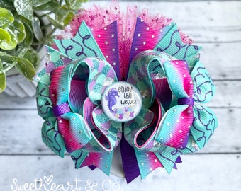 Enjoy the Waves Mermaid 4" Over The Top Stacked Boutique Hair Bow/ Fish/ French Barette Hair Clip/ Fancy Hairbow/ Layered & Embellished/ OTT