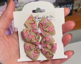 Burlap Hearts Mini Hair Bows Set of 2 – 2” Clips for Kids, Red Accents, Handmade, Valentine’s Day