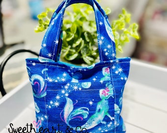 Blue Mermaids Mini Tote Bag with Snap Top and Pocket/ Tiny Tote/ Small Fabric Bag/ Gift Bag/ Toddler Purse/ Tiny Purse/ Candy Bag