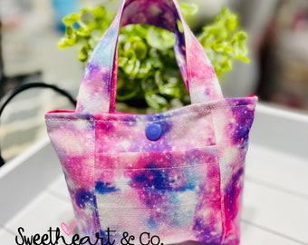 Mini sac fourre-tout galaxie pastel avec bouton-pression et poche/ petit fourre-tout/ petit sac en tissu/ sac cadeau/ sac à main pour tout-petit/ petit sac à main/ sac de bonbons