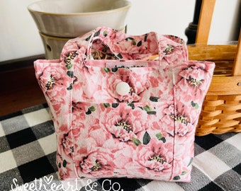 Mini sac fourre-tout pivoines roses avec bouton-pression et poche / petit fourre-tout / petit sac en tissu / sac cadeau / sac à main pour tout-petit / petit sac à main / sac de bonbons