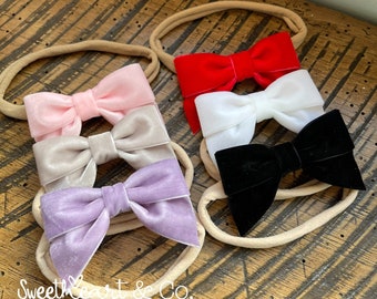 Velvet Bow Headband/ Soft Nylon Stretch Band/ Baby Headband/ Hair Bow/ Hair Clip/ Choice of Red, Black, Gray, White, Pink, Purple