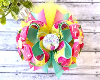 Hello Summer (Aqua) 4" Over The Top Stacked Boutique Hair Bow/ French Barette Hair Clip/ Fancy Hairbow/ Layered & Embellished/ OTT/ Bright