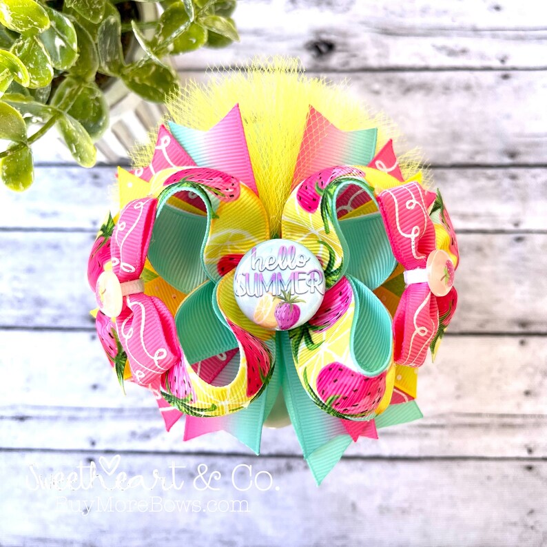 Hello Summer Aqua 4 Over The Top Stacked Boutique Hair Bow/ French Barette Hair Clip/ Fancy Hairbow/ Layered & Embellished/ OTT/ Bright image 1