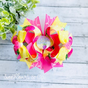 Hello Summer (Pink Strawberry Citrus) Stacked Boutique Hair Bow w/French Barrette Hair Clip ~Layered and Embellished OTT Fancy Hairbow