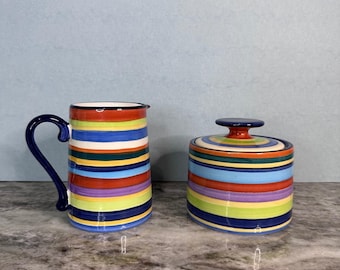 Living Art Casablanca Hand Painted Striped Creamer and Sugar Bowl Set Multicolor