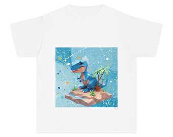 Camiseta Blue Dino Island / Lindos dinosaurios de dibujos animados, palmeras, camiseta para niños