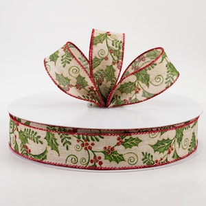 1.5&quot; Glittered Holly Berries Linen Wired Ribbon, Christmas Ribbon, Wreath Ribbon, Winter Ribbon, Wreath Supplies, Bows, Farmhouse, 5 Yards