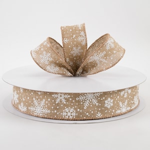 1.5&quot; Glittered Snowflakes on Linen Wired Ribbon, Christmas Ribbon, Wreath Ribbon, Winter Ribbon, Wreath Supplies, Bows, Farmhouse, 5 Yards
