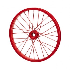 May include: A red bicycle wheel with spokes. The wheel is isolated on a white background.