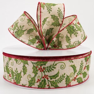 2.5&quot; Glittered Holly Berries Linen Wired Ribbon, Christmas Ribbon, Wreath Ribbon, Winter Ribbon, Wreath Supplies, Bows, Farmhouse, 5 Yards