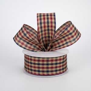 1.5 Gingham Check Ribbon, Wired Ribbon, Navy Blue & Burgundy Ribbon, Farmhouse Ribbon, Wreath Supplies, Bows, Wreath Ribbon, 5 yards