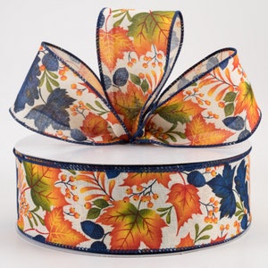 2.5&quot; Linen Navy Leaves Wired Ribbon, Ribbon, Wreath Ribbon, Wreath Supplies, Bows, Fall Ribbon, Halloween, Farmhouse Decor, 5 Yds.