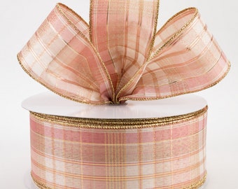 2.5" Metallic Plaid Rose Gold Ribbon, Wired Ribbon, Christmas Ribbon, Easter, Wreath Ribbon, Wreath Supplies, Bow, Farmhouse, 5 Yard