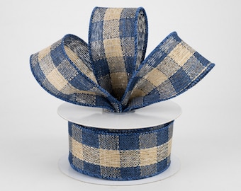 1.5" Navy Blue & Beige Check Ribbon, Wired Ribbon, Ribbon, Wreath Ribbon, Wreath Supplies, Bows, Farmhouse Decor,  5 Yards
