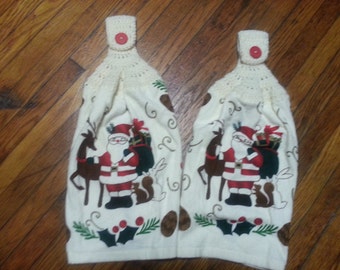 Santa & Reindeer Kitchen Towels, Christmas Towels, Dish Towels, Crochet Kitchen Towel, Hanging Kitchen Towels, Holiday Kitchen Towels,