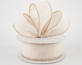 1.5" Ivory and Gold Metallic Ribbon, Wreath Ribbon, Craft Supplies, Wreath Supplies, Ribbon, Wired Ribbon, Seasonal Ribbon, Christmas Ribbon