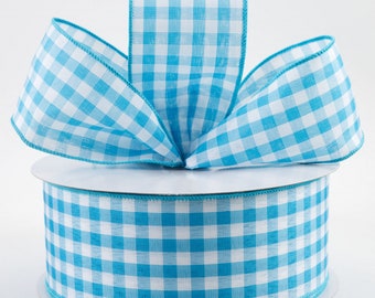 2.5" Blue & White Gingham Check Ribbon, Wreath Ribbon, Craft Supplies, Wreath Supplies, Ribbon, Wired Ribbon, Seasonal Ribbon, Plaid Ribbon
