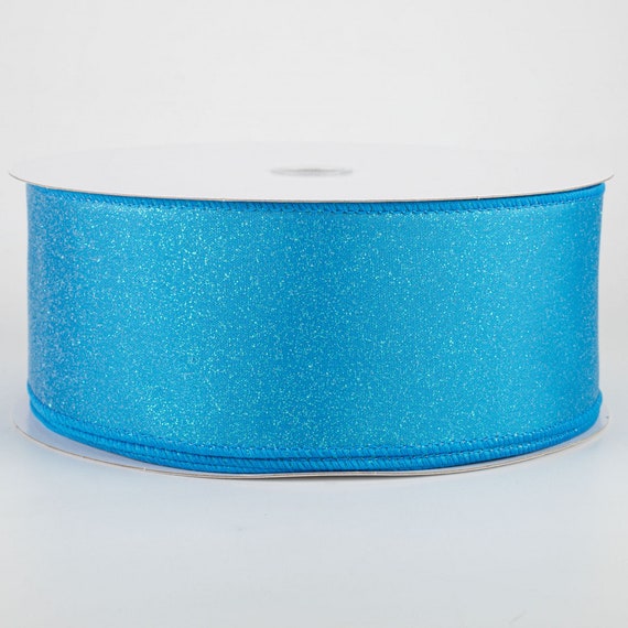 2.5 Turquoise Glitter Satin Ribbon, Wired Ribbon, Iridescent