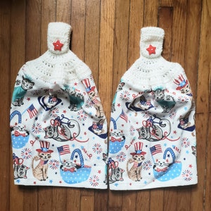 Kitty Red White and Blue Fireworks Kitchen Towels, Set of 2 White Crochet Top, Dish Towels, Crochet Kitchen Towel, Kitchen Towels Handmade