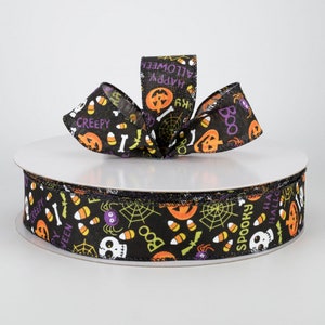 1.5&quot; Spiders, Skulls, Bats Halloween Wired Ribbon, Ribbon, Wreath Ribbon, Wreath Supplies, Bows, Ribbon, Halloween, Farmhouse Decor, 5 Yds.