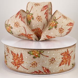 2.5" Glittered Leaves and Snow Flakes Wired Ribbon, Ribbon, Wreath Ribbon, Wreath Supplies, Bows, Fall Ribbon, Farmhouse Decor, 5 Yds.