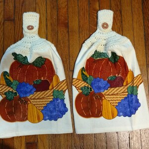 Pumpkins and Grapes Kitchen Towels, Fall Kitchen Towels, Hanging Kitchen Towels,, Dish Towels, Crochet Kitchen Towel, Handmade, Fall Decor