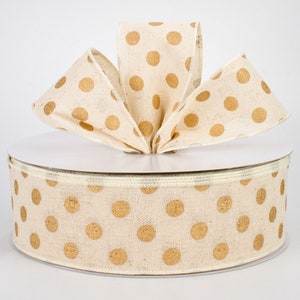 2.5&quot; Gold Polka Dot on Natural Ribbon, Wired Ribbon, Fall, Halloween & Christmas Wreath Ribbon, Wreath Supplies, Bows, Farmhouse, 5 Yard