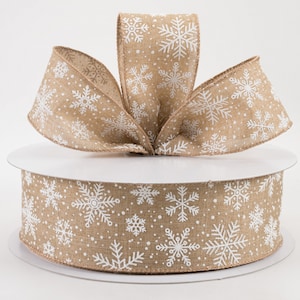 2.5&quot; Glittered Snowflakes on Linen Wired Ribbon, Christmas Ribbon, Wreath Ribbon, Winter Ribbon, Wreath Supplies, Bows, Farmhouse, 5 Yards