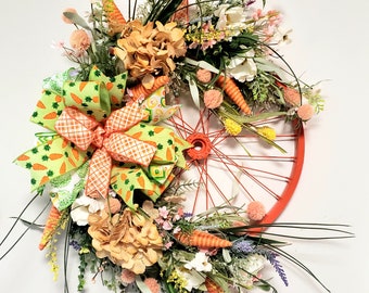 Easter Wreath, Bicycle Wreath, Spring Door Hanger, Spring Wreaths & Swags, Farmhouse Wreath, Easter Wreath for Door, Bicycle Wheel Wreath