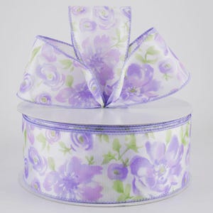 1.5&quot; WaterColor Purple Flowers on Satin Wired Ribbon,  Check Ribbon, Wreath Ribbon, Floral Ribbon, Wreath Supplies, Bows, Farmhouse, 5 Yard