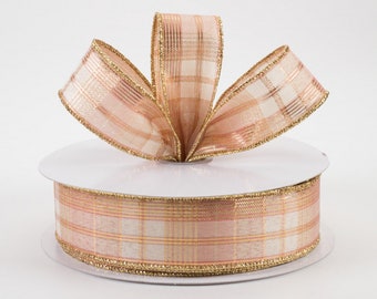 1.5" Metallic Plaid Rose Gold Ribbon, Wired Ribbon, Christmas Ribbon, Easter, Wreath Ribbon, Wreath Supplies, Bow, Farmhouse, 5 Yard