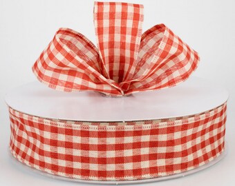 1.5" Gingham Rust & Natural Wired Ribbon, Ribbon, Wreath Ribbon, Wreath Supplies, Bows, Scarecrow Ribbon, Halloween, Farmhouse Decor, 5 Yds.