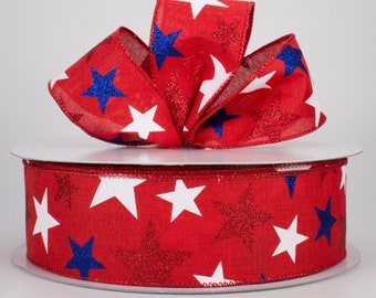 2.5" Star Ribbon, Wired Ribbon, Patriotic  Ribbon, Ribbon, Wreath Ribbon, Wreath Supplies, Bows, Farmhouse Decor, 4th of July Ribbon 5 Yards