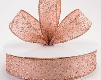 1.5" Rose Gold Glitter Wired Ribbon,  Christmas Ribbon, Valentine Ribbon, Easter, Wreath Ribbon, Wreath Supplies, Bow, Farmhouse, 5 Yard