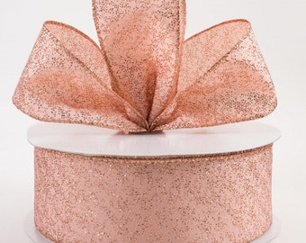 2.5" Rose Gold Glitter Wired Ribbon,  Christmas Ribbon, Valentine Ribbon, Easter, Wreath Ribbon, Wreath Supplies, Bow, Farmhouse, 5 Yard