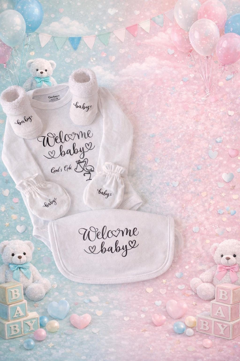 Welcome Baby Gift Set Bodysuit, Bib, Mittens, Socks Faith-Inspired Newborn Outfit
