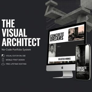Può includere: Un monitor di computer e uno smartphone mostrano un sito web con il testo "CONCRETE DREAMS" e la foto di una persona. Il testo "THE VISUAL ARCHITECT" e "No-Code Portfolio System" sono visibili. Lo sfondo è grigio scuro.