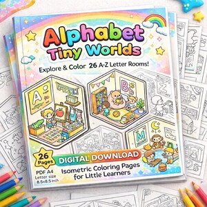 Puede incluir: Un libro para colorear para niños titulado "Alphabet Tiny Worlds". La portada colorida presenta ilustraciones de habitaciones temáticas de letras y un arcoíris. El libro mide 21,6 x 21,6 cm y contiene 26 páginas.