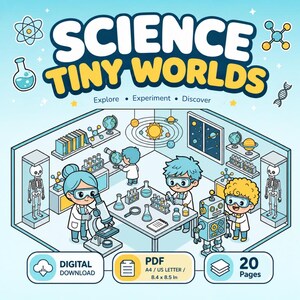 Malbuch „Wissenschaftliche Miniaturwelten“ für Kinder | Druckbare MINT-Malvorlagen | Experimentelles Experiment im Wissenschaftslabor | PDF-Download | A4 (US Letter)