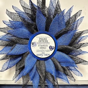 Police wreath for front door, law enforcement, first responder, blue and black mesh