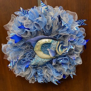 Blue Fish Wreath for front door, metal fish, blue and silver mesh, fish ribbon