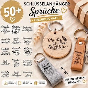 Puede incluir: Una colección de llaveros que incluye un disco de madera redondo, una correa de cuero color canela rectangular y una tira de fieltro gris, todos con anillos de metal. La imagen muestra varias frases y textos en alemán, incluyendo "50+ Sprüche".