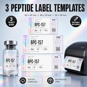 Könnte beinhalten: Drei digitale Peptid-Etikettenvorlagen in den Größen 40 x 20 mm, 40 x 30 mm und 50 x 30 mm. Die Etiketten haben einen weißen Hintergrund mit holografischen Akzenten, Text BPC-157, 10 MG und einen QR-Code. Inklusive Glasfläschchen und Drucker.