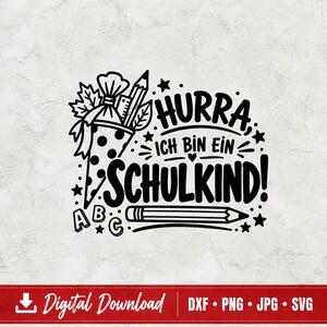 Op de afbeelding: Een zwart grafisch ontwerp met een schoolkegel met stippen gevuld met potloden, omringd door sterren en de tekst "HURRA, ICH BIN EIN SCHULKIND!" samen met de letters A, B, C en een horizontale potloodillustratie aan de onderkant.
